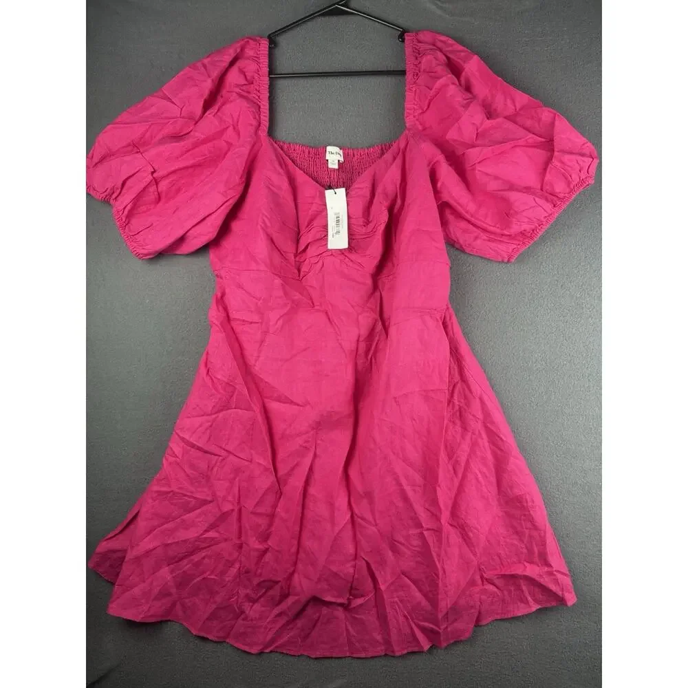 NWT The Drop Womens Nala Hot Pink 100% Linen Mini Dress Puff Sleeve Smocked 2x